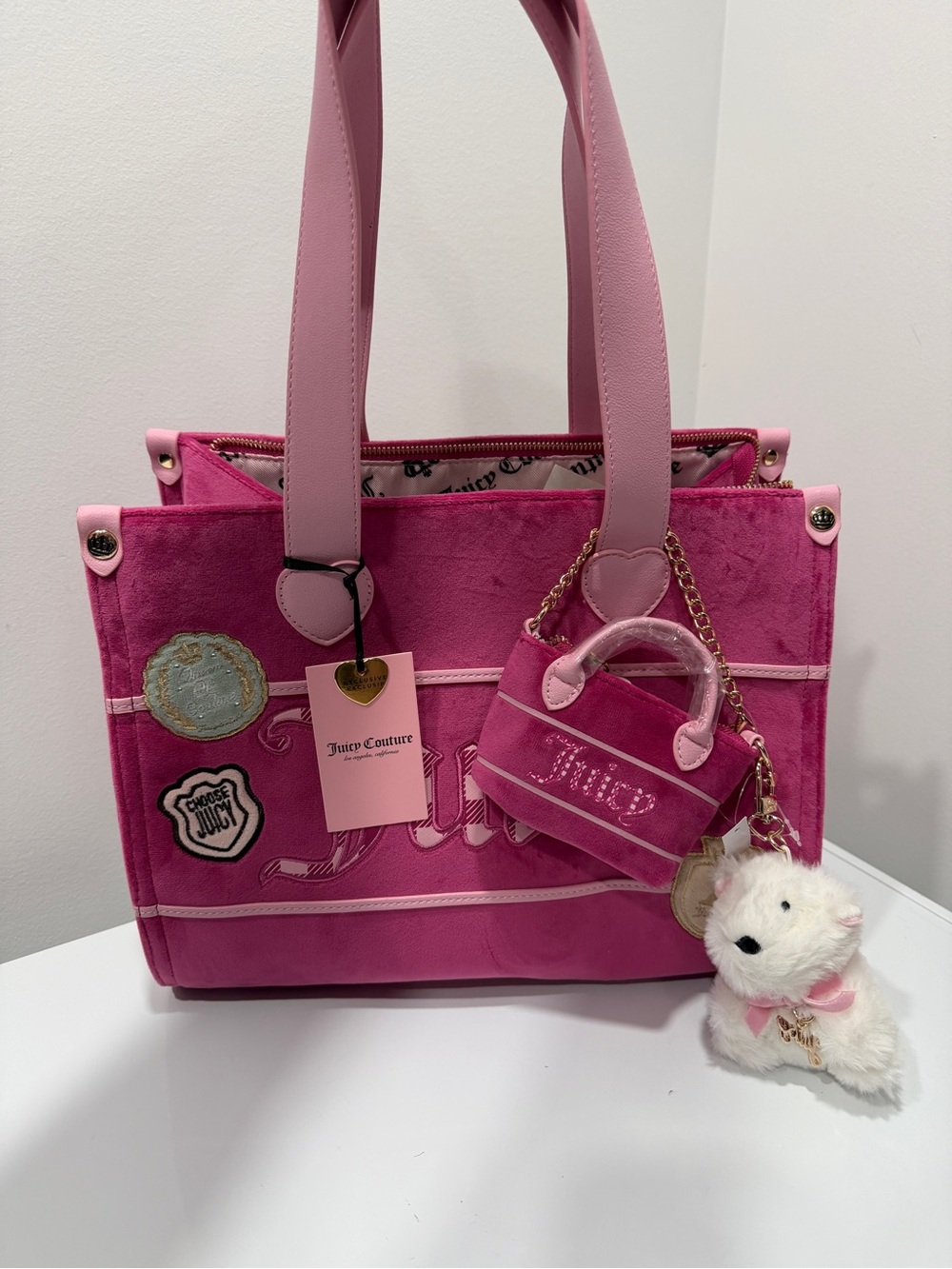 Juicy Couture Two-Tone Pink Velvet Tote with Mini Bag Charm